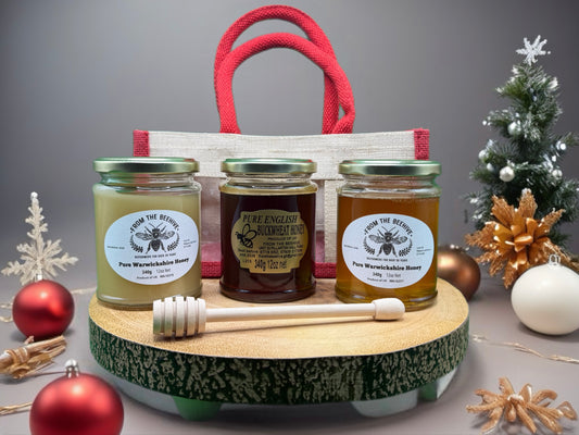 Gift Bag, Warwickshire Runny, Set And Buckwheat Honeys